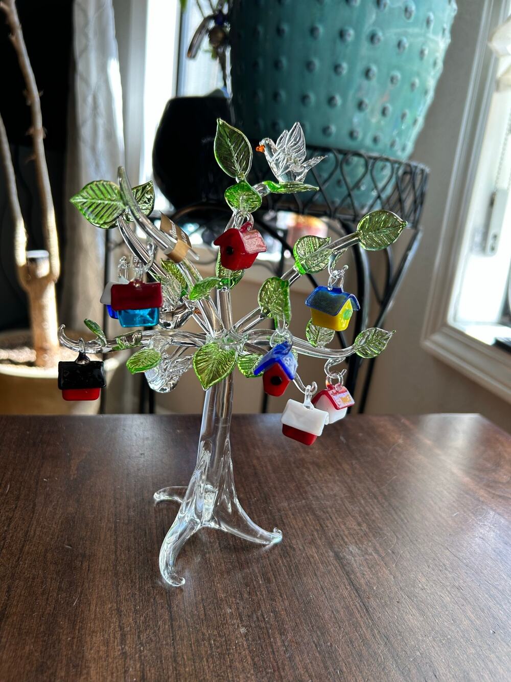 New Vintage Glass Tree hanging Bird Houses and Birds 8 Inches Tall